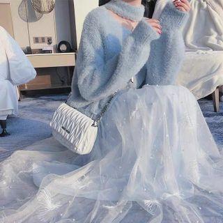 Set: Long Sleeve V-neck Knit Top + Midi Mesh Skirt