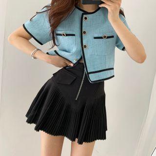 Short-sleeve Contrast Trim Cropped Coat