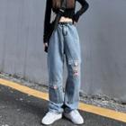 High Waist Bear Embroidered Loose Fit Jeans