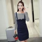 Set: Striped Off-shoulder Long-sleeve T-shirt + Denim Pinafore Dress