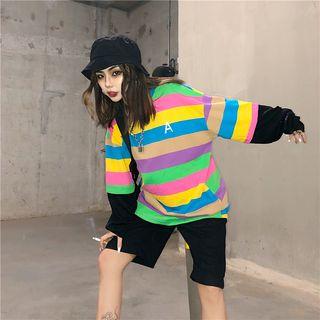 Mock Two-piece Striped Long-sleeve T-shirt Rainbow Stripe - One Size