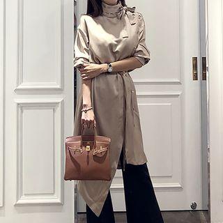 Long-sleeve Stand Collar Asymmetric Hem A-line Dress