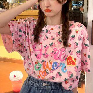 Short-sleeve Strawberry Printed Top Pink - One Size