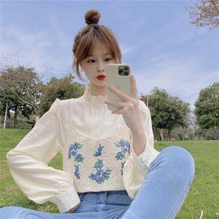 Lace Trim Blouse / Flower Embroidered Cropped Camisole Top
