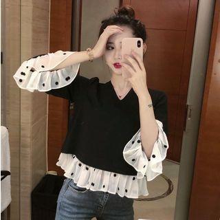 Long-sleeve Dotted Mesh Panel Top Black - One Size