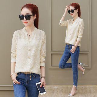 Long-sleeved V-neck Plain Long Blouse