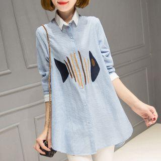 Long-sleeve Striped Embroidered Long Blouse