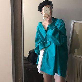 Long-sleeve Oversized Shirt Aqua Blue - One Size