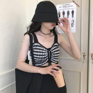 Spaghetti Strap Plaid Knit Top Black - One Size
