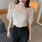 Dotted Mesh Short-sleeve Shirred Cropped Blouse Almond - One Size