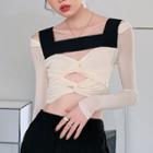 Long-sleeve Square-neck Cutout Knotted Cropped Top