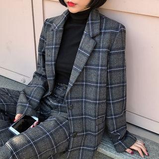 Set: Plaid Wool Blend Blazer + Band-waist Dress Pants