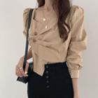 3/4-sleeve Asymmetric Crinkled Buttoned Top