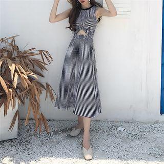 Striped Cutout Sleeveless Midi A-line Dress