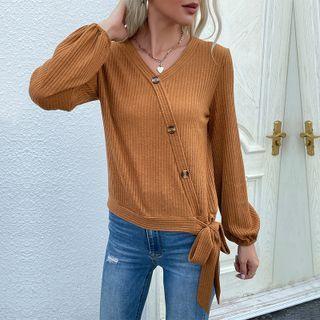 Long Sleeve Plain Tie-front Button-through Cardigan