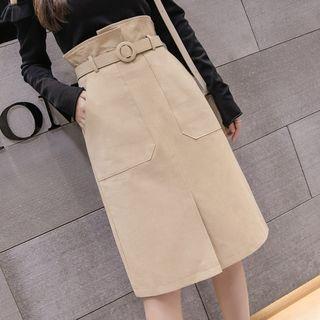 Belt-waist Fitted Skirt