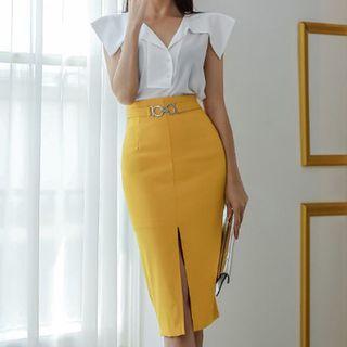 Set: Sleeveless Shirt + Midi Sheath Skirt