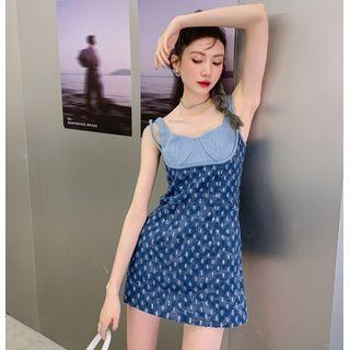 Spaghetti Strap Patterned Denim A-line Dress