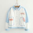 Embroidered Color-block Lapel Jacket Blue - One Size