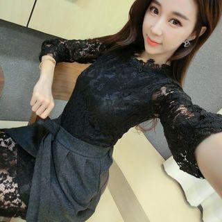 Set: Lace Long-sleeve Dress + High Waist A-line Skirt