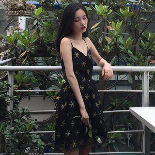 Star Glittered Spaghetti Strap Mesh Dress
