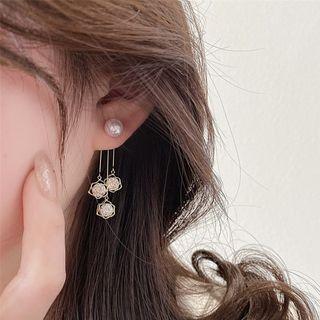 Faux Pearl Rhinestone Flower Drop Earring 1 Pair - Silver Pin - Plated Gold - White & Gold - One Size
