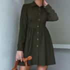 Long Sleeve V-neck Plain Button-up A-line Dress