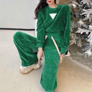 Set: Applique Sweatshirt + Drawstring Wide Leg Pants