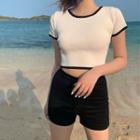 Contrast Trim Short-sleeve Knit Cropped Top