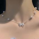 Bow Pendant Faux Pearl Choker 0753a - Necklace - Silver - One Size