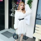 Off-shoulder Long-sleeve Feather-accent Mini Dress