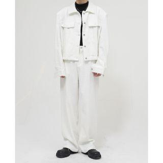 Padded-shoulder Button-up Cropped Jacket / Loose Fit Pants