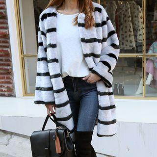 Hook-and-eye Stripe Faux-fur Coat