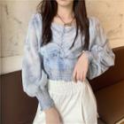 Square Neck Long-sleeve Blouse As Shown In Figure - One Size