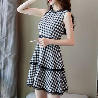 Plaid Lace Trim Sleeveless Mini A-line Dress