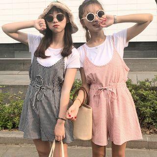 Crew-neck Short-sleeve T-shirt / Plaid Spaghetti Strap Playsuit