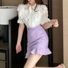 Short Sleeve Lace Shirt / Ruffled Hem Mini Fitted Skirt