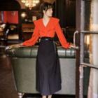 Set: Plain Blouse + Tie-waist Midi A-line Skirt