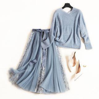Set: Plain Sweater + Floral Print Midi A-line Mesh Overlay Skirt