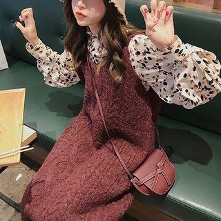 Set: Long-sleeve Floral Print Blouse + Sleeveless Midi Knit Dress