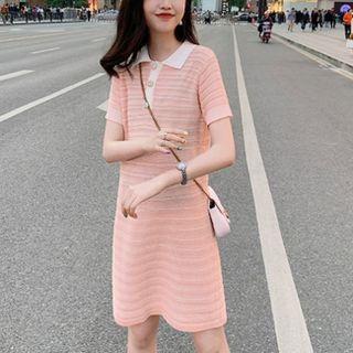 Short-sleeve Collar Striped Knit A-line Dress