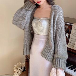 Open-front Cardigan / Strapless Cable Knit Top / Straight-fit Midi Skirt