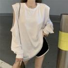 Crew-neck Plain Cold-shoulder Oversized Tee