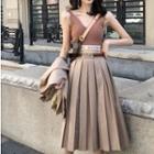 Blazer / Midi A-line Pleated Skirt / Spaghetti Strap Lettering Cropped Knit Top