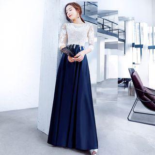 Elbow Sleeve Two Tone Lace Panel Evening Gown