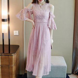 Cold-shoulder A-line Midi Mesh Dress