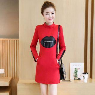 Faux Leather Applique Mock Neck Pullover Dress