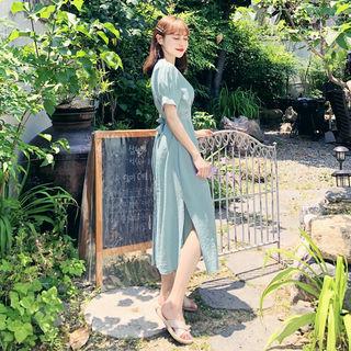 Tie-waist Long Plain Dress