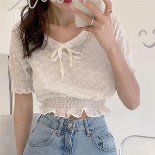 Embroidered Puff Short-sleeve Top White - One Size