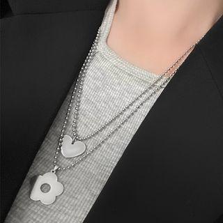 Alloy Flower / Heart Pendant Necklace Set Of 2 - 0585a - Alloy Flower & Heart Pendant Necklace - One Size